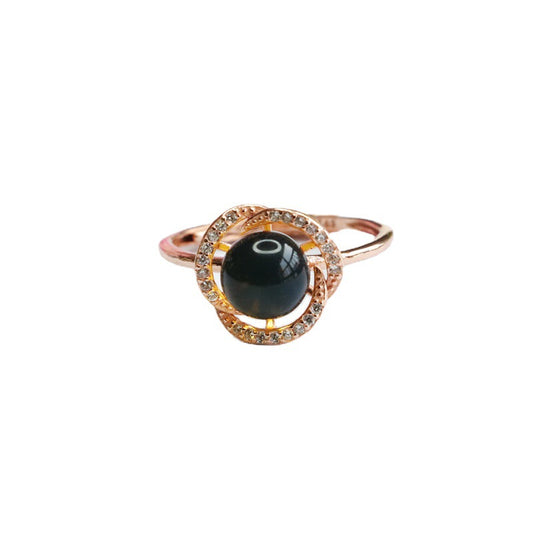 Blue Amber Sterling Silver Flower Ring with Zircon Petals