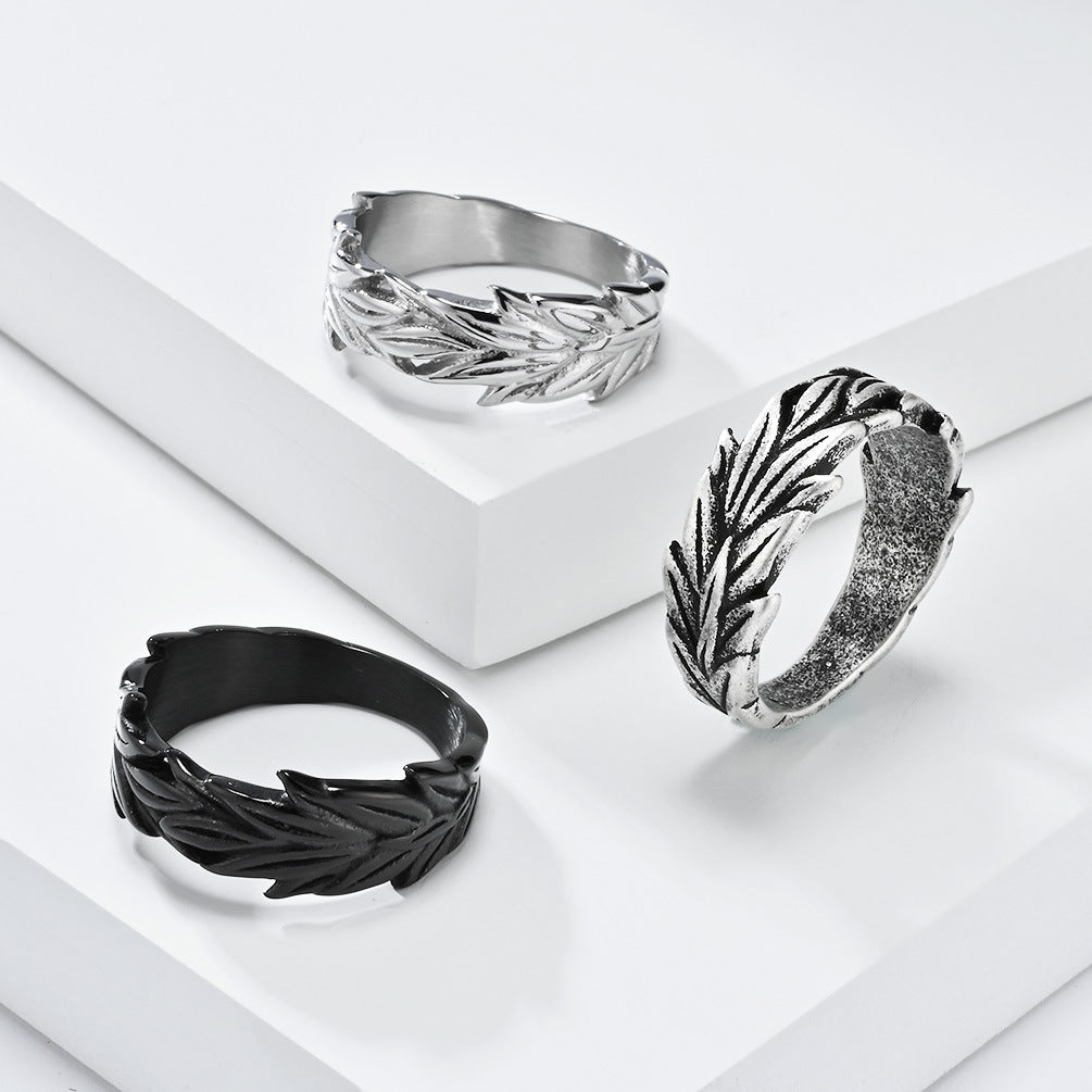 Cross-Border Retro Hemp Leaf Titanium Steel Ring for Men