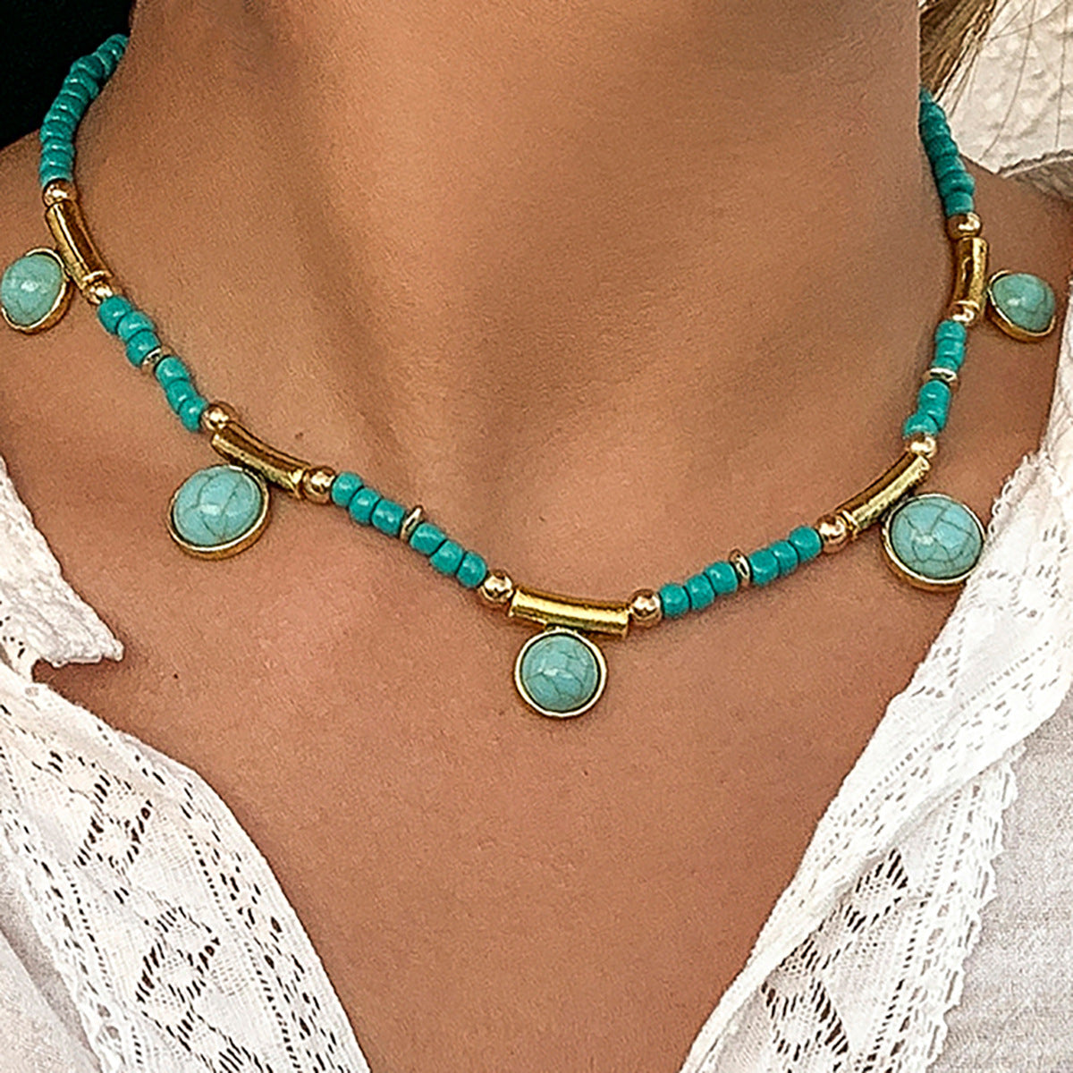 European and American Boho Turquoise Tassel Necklace with Colorful Beads and Alloy Pendant - Pastel Countryside Neckpiece