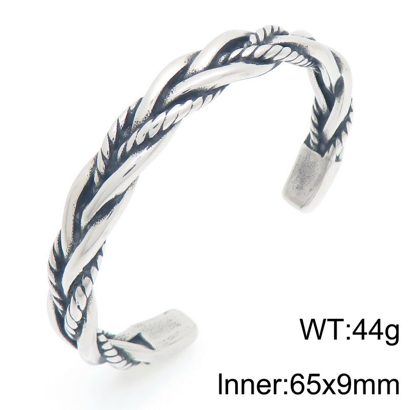 Antique Leaf Pattern C-Shaped Bracelet – Punk Style Leaf Pattern Twist Woven Stainless Steel