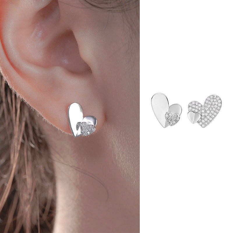 Earrings Earrings Silver Needle Wholesale Asymmetrical Love Zircon Earrings S925 Sterling Silver