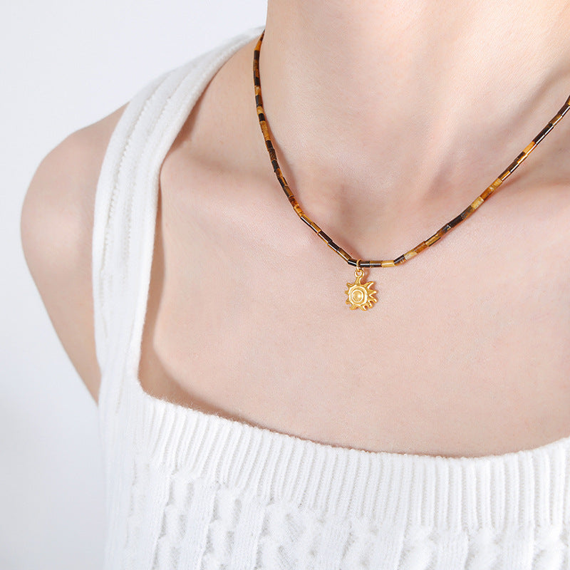 Tiger Eye Beaded Titanium Necklace with Sun Pendant - Niche Design