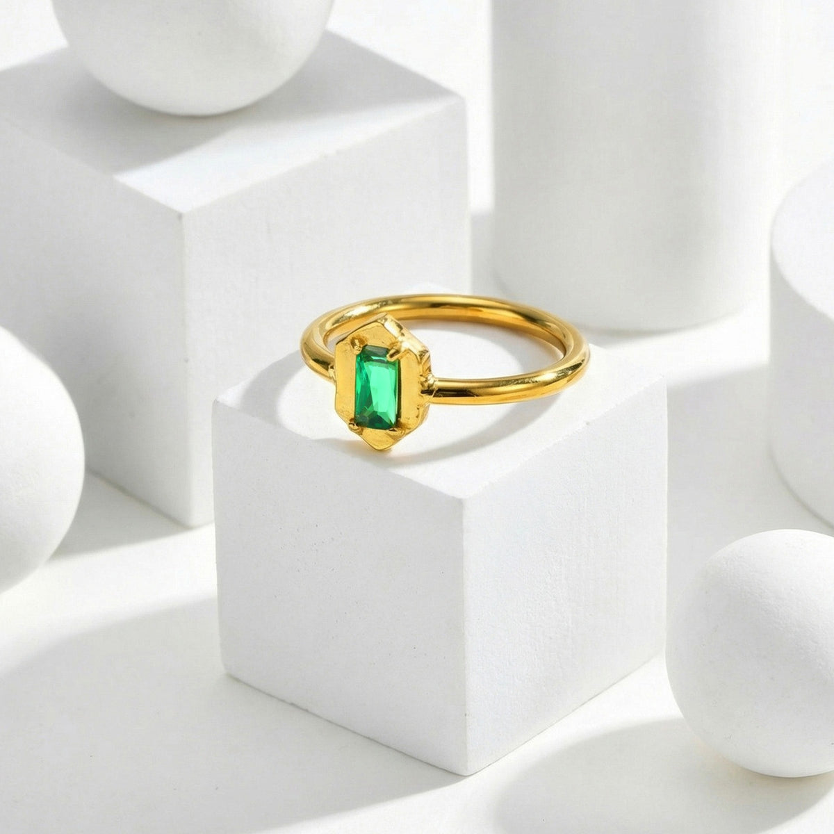 Small Plain Ring Women's Square Stainless Steel Hexagonal Green Zircon Geometric