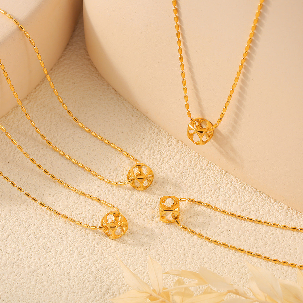 Golden Box Pendant Titanium Bead Chain Necklace with Hollow Design