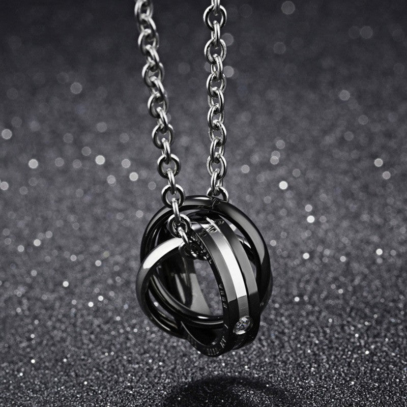 Planderful Everyday Genie Elegant Three Ring Pendant Necklace For Couples Zirconia Titanium Steel Jewelry
