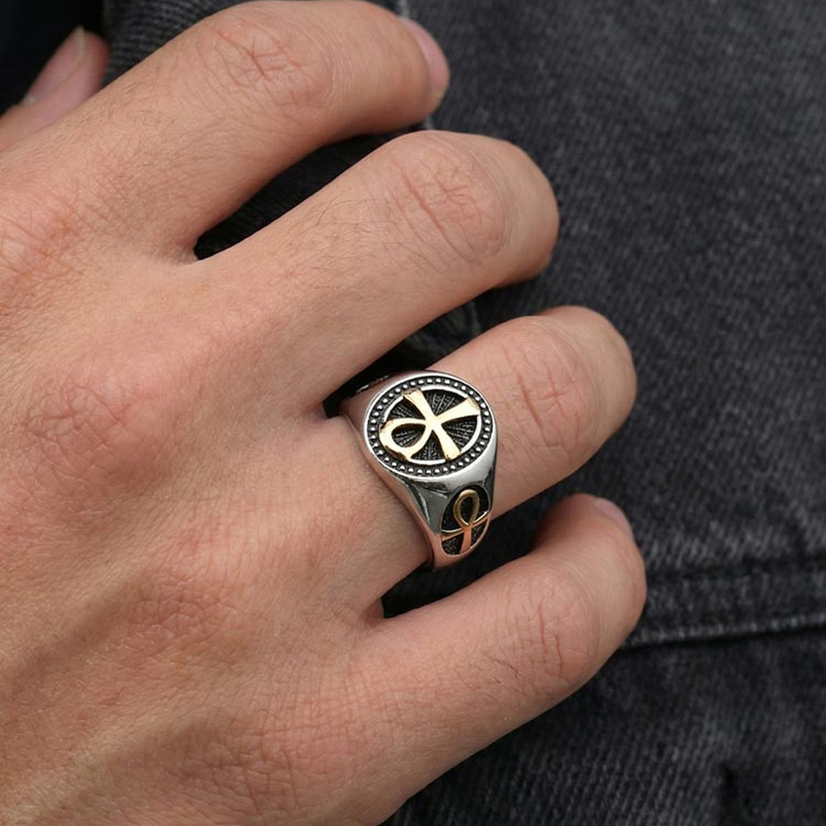 Stainless Steel Anka Cross Ring Steel Gold Men's