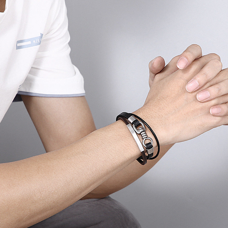 Planderful Mens Leather Titanium Steel Bracelet Punk Style