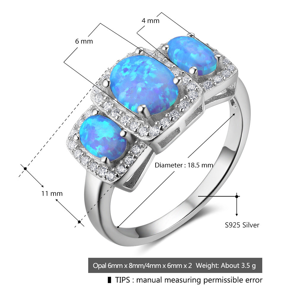 Planderful Jewelry Three Stone Oval Opal Ring In Sterling Silver With Zircon Halo