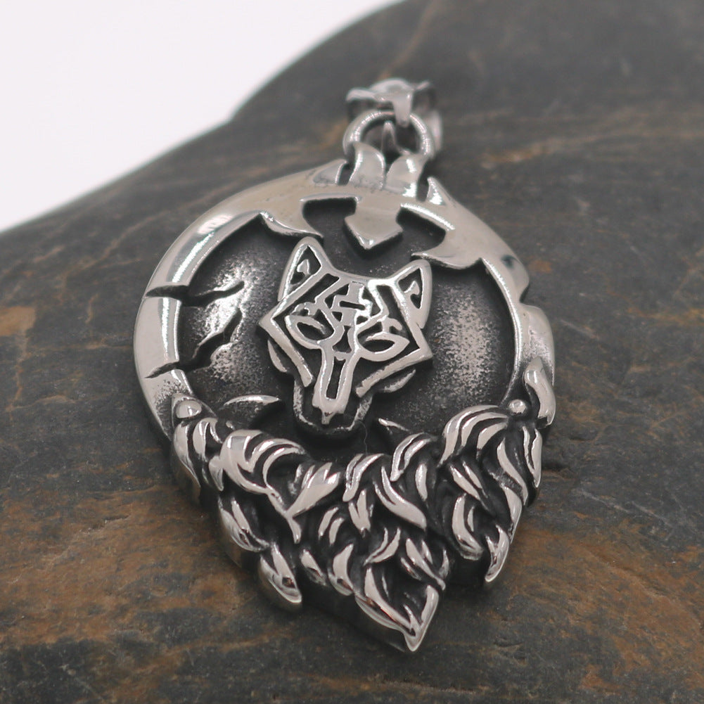 Nordic Myth Rune Necklace with Viking Odin Wolf Head Pendant for Men