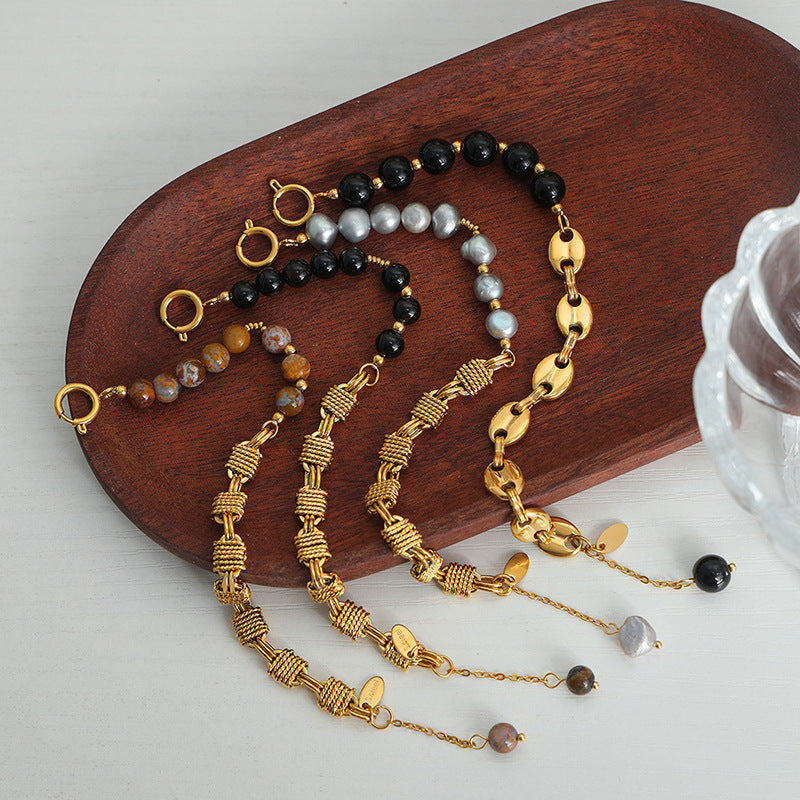 Luxury Handmade Brass Freshwater Pearl and Black Agate Bracelet