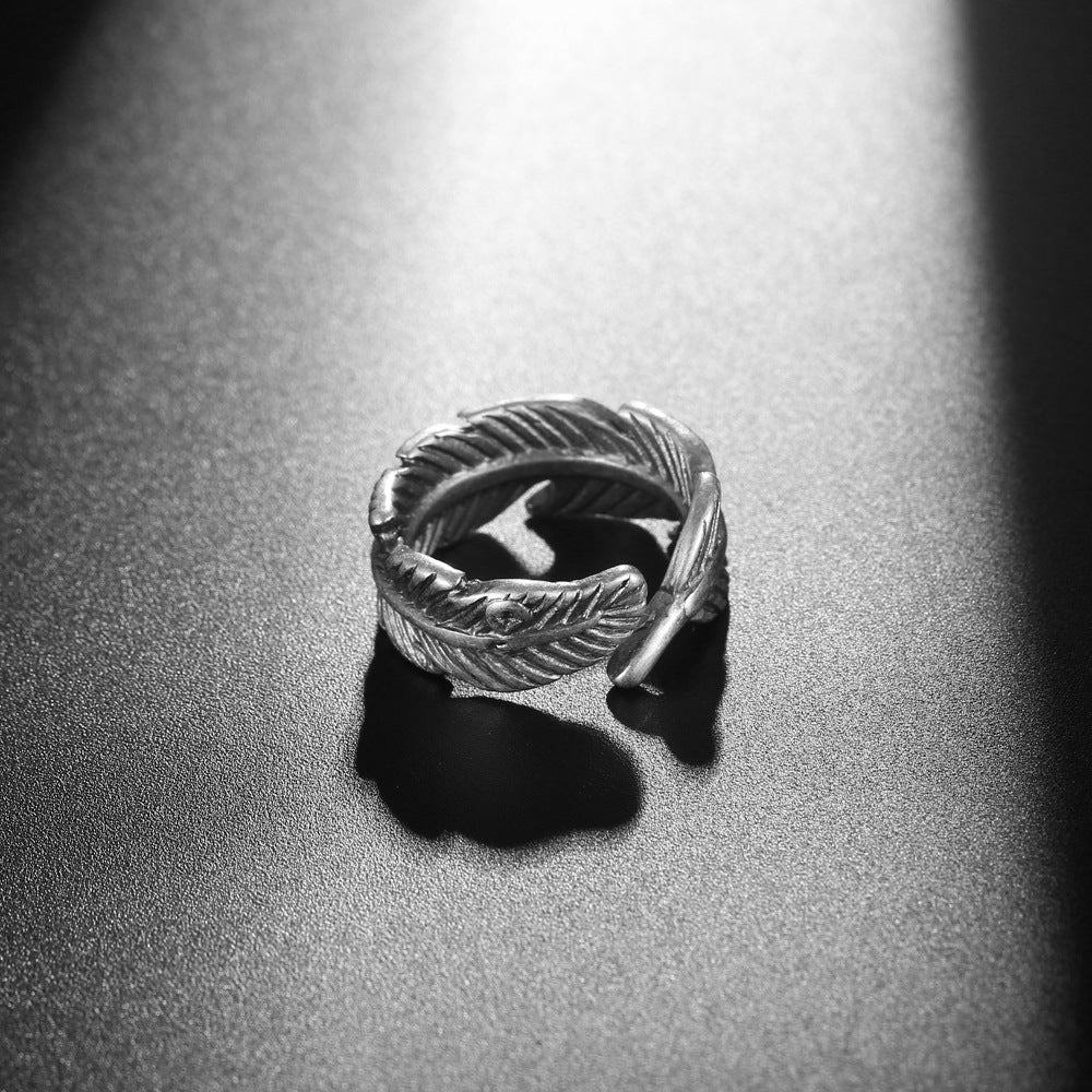Titanium Steel Feather Ring for Men - European and American Design in Old White Bronze Finish