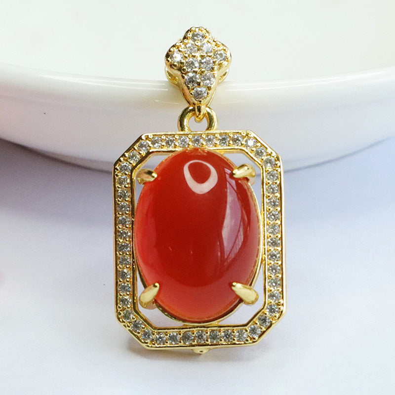 Pigeon Egg Red Agate Rectangle Pendant Zircon Necklace