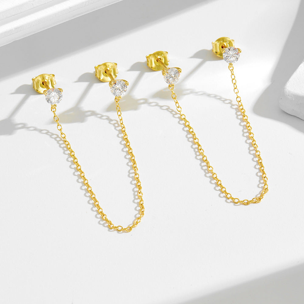 S925 Sterling Silver Wind Chain Fringed Zircon Stud Earrings, In Europe And America,