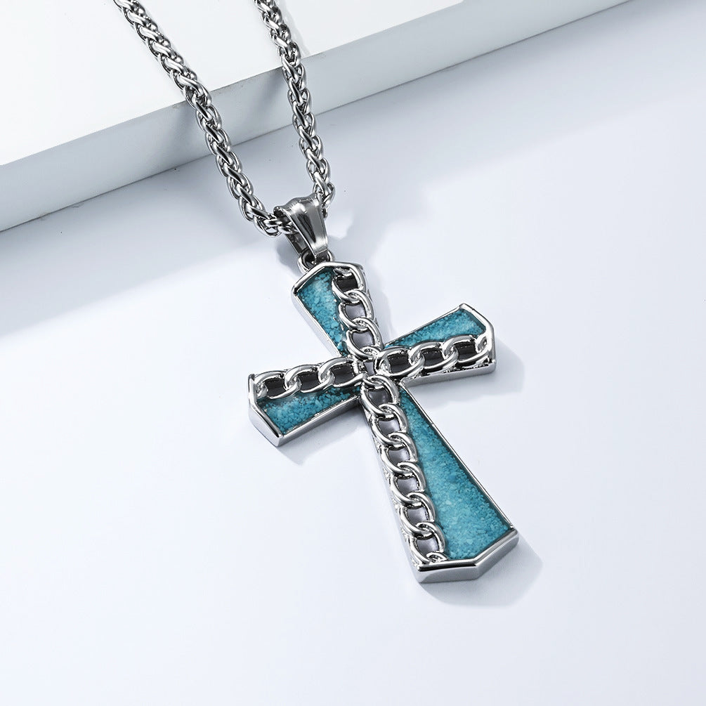 Planderful Turquoise Cross Necklace Unisex Everyday Genie Steel Titanium Non Fading Pendant