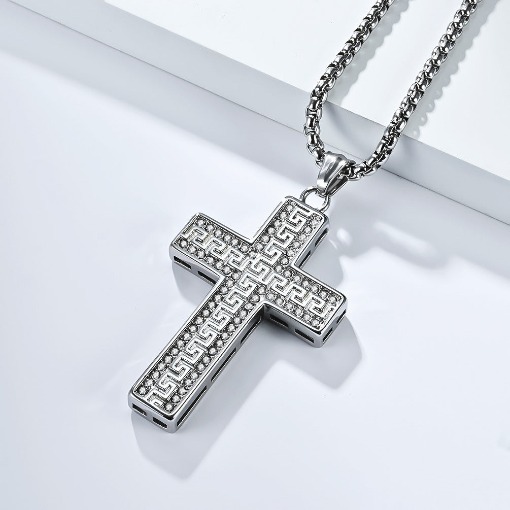 Titanium Steel Cross Necklace For Men By Planderful Featuring Zircon Great Wall Pattern Hip Hop Style