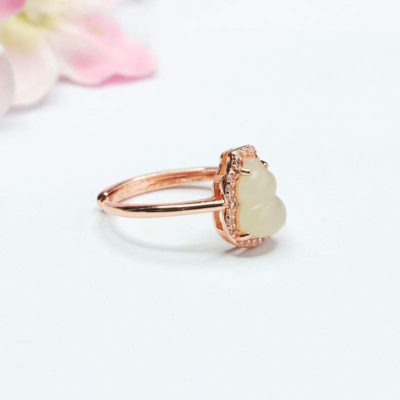 Gourd-shaped Natural Hotan Jade Sterling Silver Ring