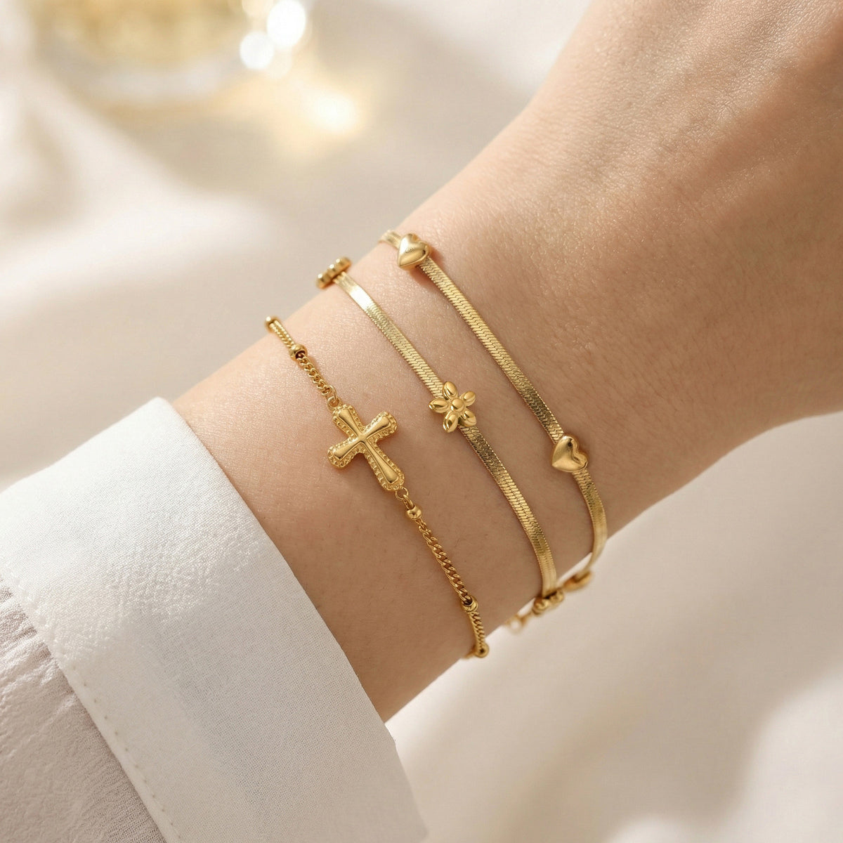 Cross Flower Gold-Plated Stainless Steel Bracelet for Women