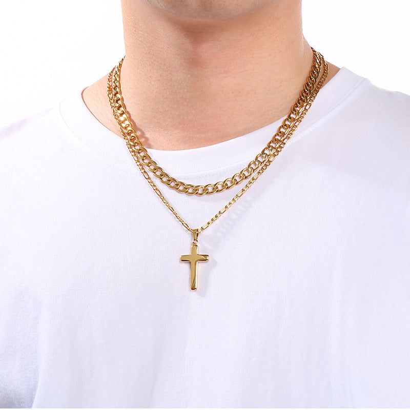 Retro Lettering Cross Necklace, And Nk Chain Double-Layer Stacked Stainless Steel Men's Necklace