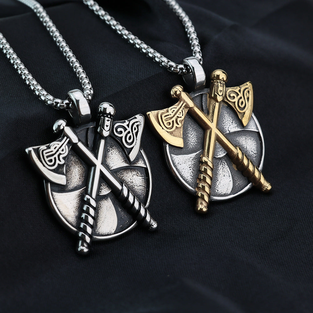 Vintage Nordic Men's Stainless Steel Viking Axe Shield Pendant