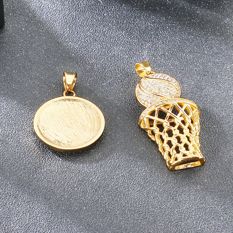 Full Of Zircon Ancient Roman Coins Round Pendant, Hip Hop Hiphop Sports Basketball Necklace
