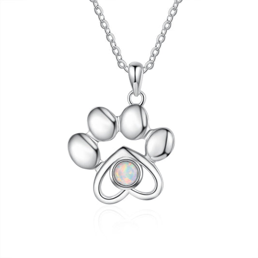 Heart Shape Little Bear Palm Round Opal Sterling Silver Necklace