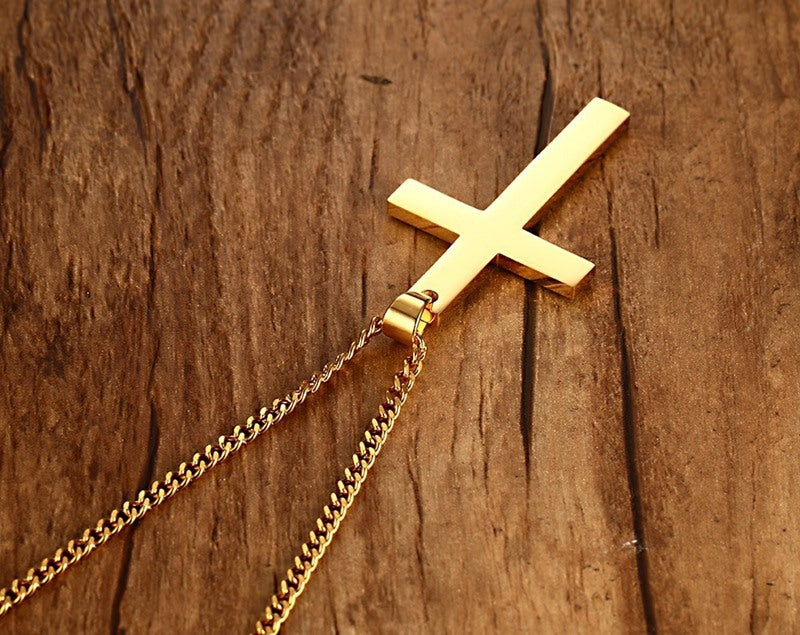 Stainless Steel Cross Pendant Gold Sweater Necklace Men