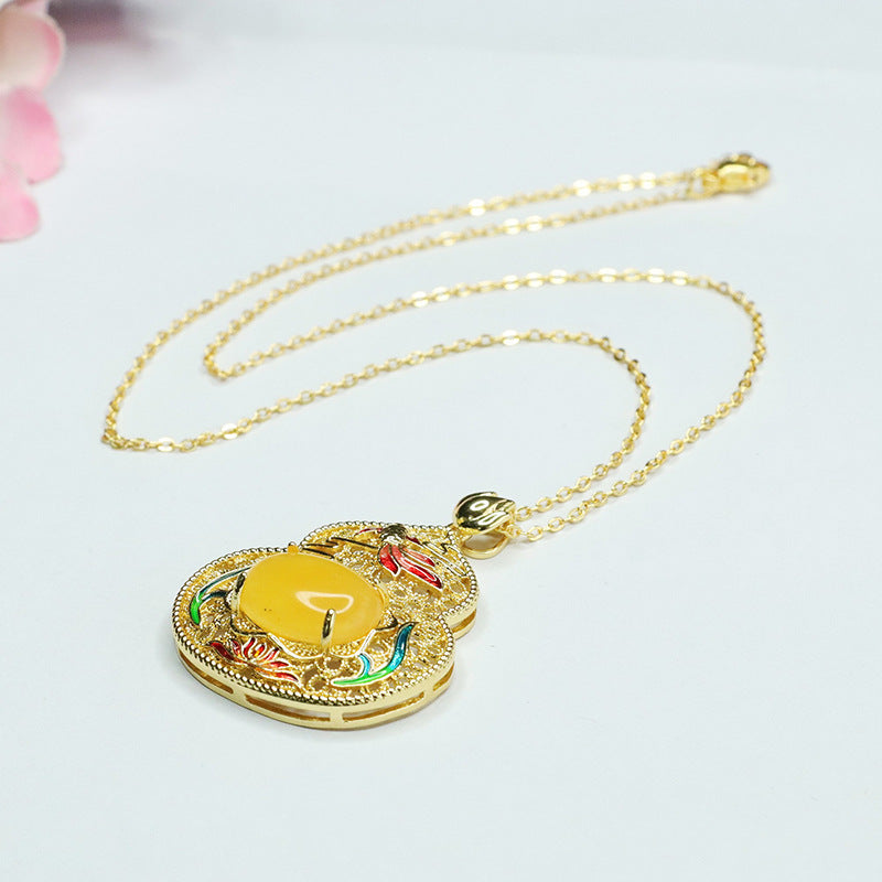 Lotus Leaf Fish Gourd Pendant Necklace crafted in Beeswax Amber and Sterling Silver