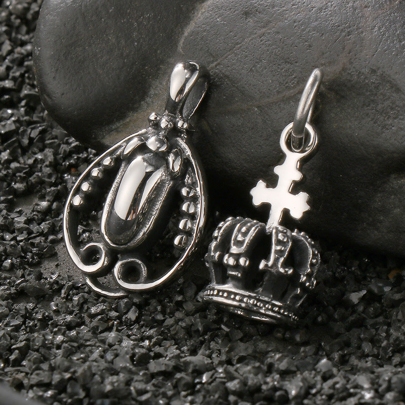 Old Versatile Zircon Cross Flower Sweater Chain, Retro Crown Stainless Steel Men's Pendant. Necklace