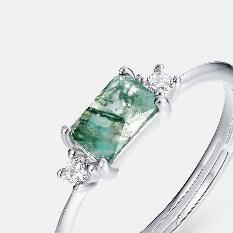 S925 Sterling Silver Moss Agate Geometric Ring