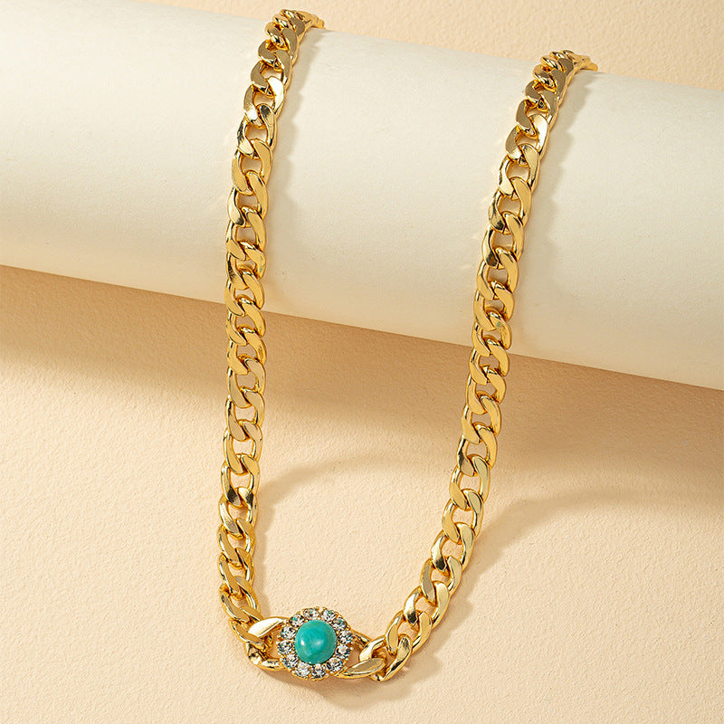 Turquoise Exaggerated Personality Necklace with Thick Chain Design