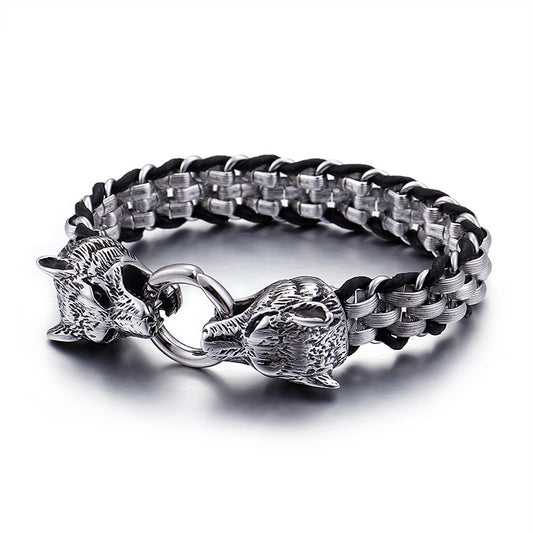 Men's Titanium Steel Woven Rhombus Bracelet with Fashion Punk Double Wolf Head Buckle
