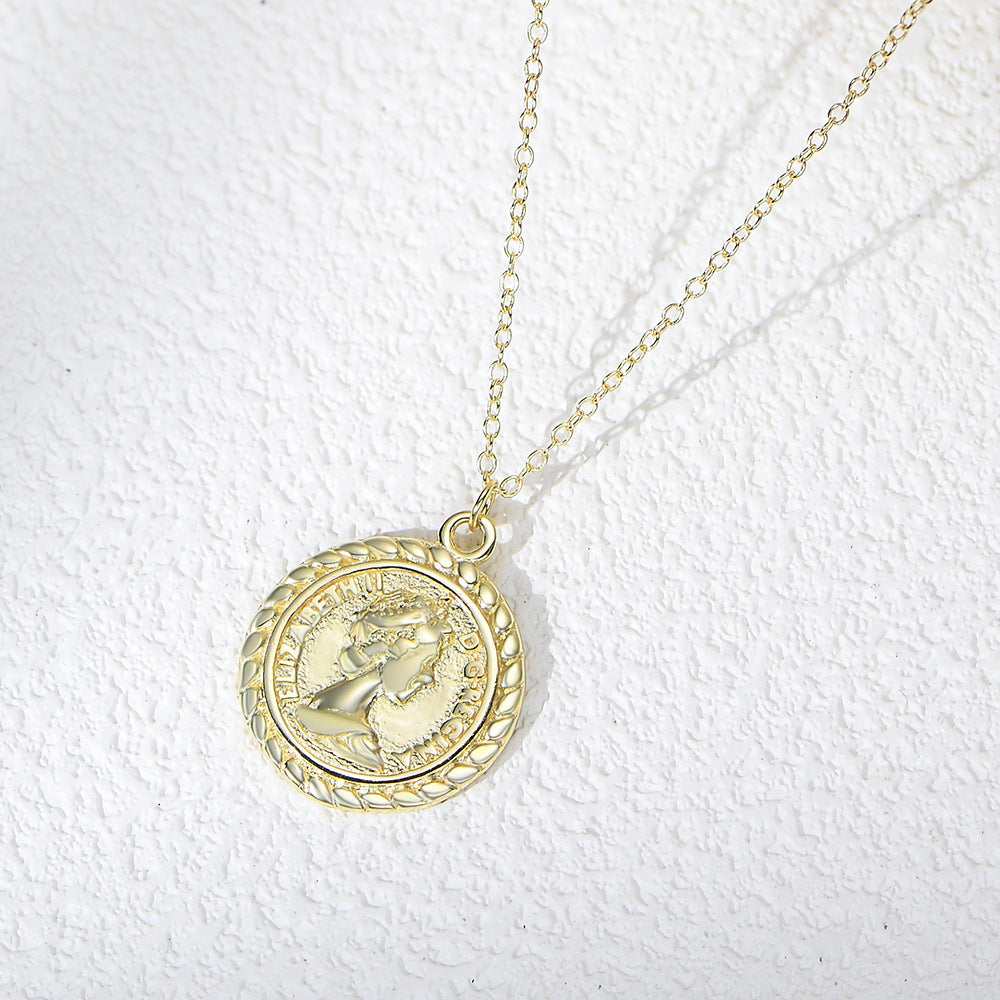 Planderful S925 Sterling Silver Queen Coin Necklace Portrait Embossed Gift For Women Hipster Retro Collarbone Chain