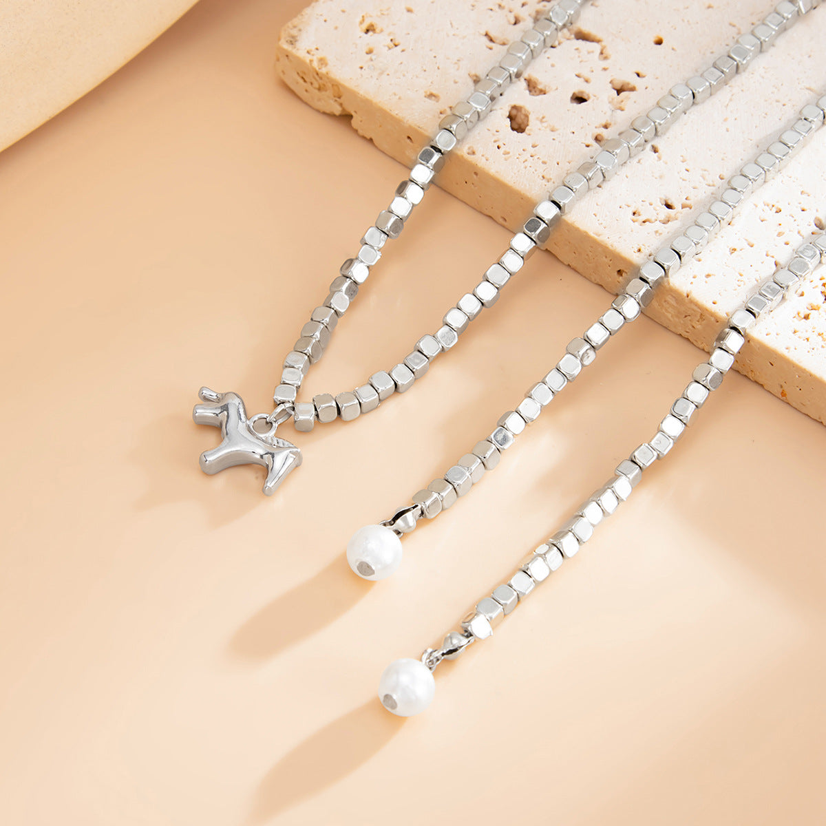 Square Bead Pearl-Style Wrap Necklace