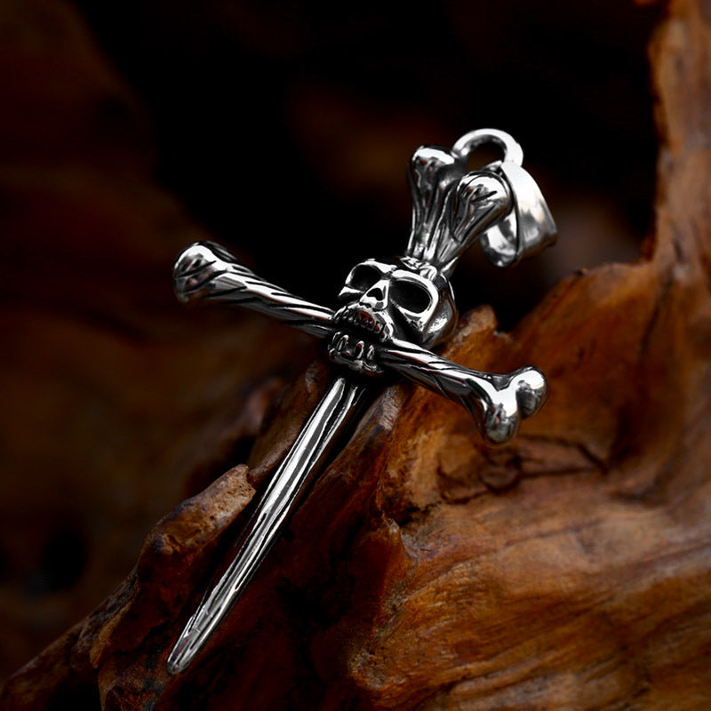 Titanium Steel Skull Bone Cross Pendant for Men - Edgy Punk Hip Hop Accessory