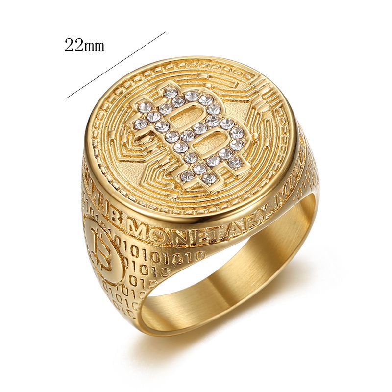 Planderful Hip Hop Ring Titanium Steel Gold Plated Zircon Bitcoin Theme For Men Bold Style