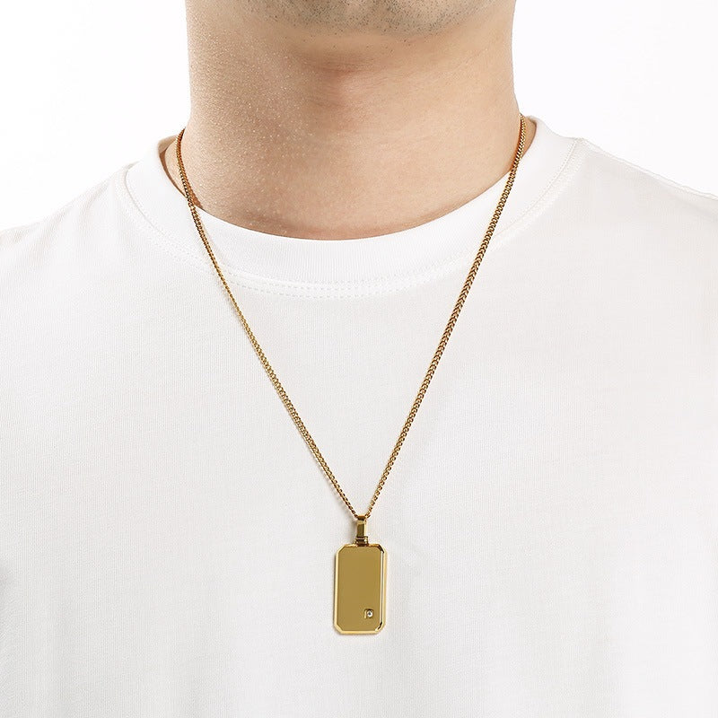 Minimalist Geometric Square Men's Zircon Necklace, Niche Stainless Steel Military Pendant