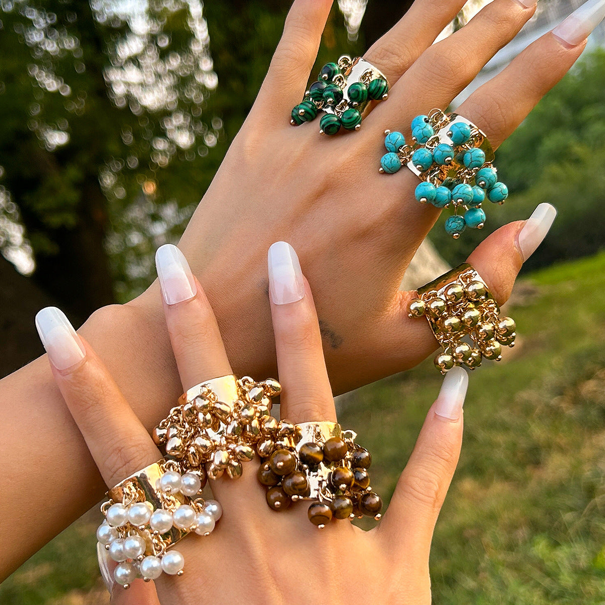 Planderful Boho Pearl Fringe Ring For Women Turquoise Accent Statement Jewelry Vienna Verve