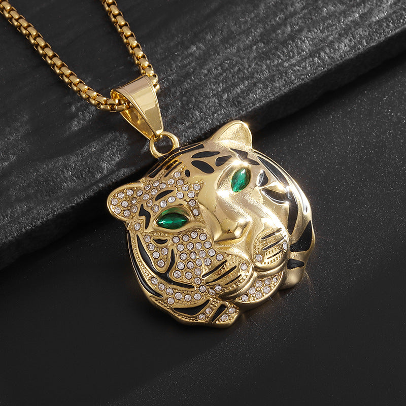 Planderful Titanium Gold Plated Hip Hop Jewelry Tiger Head Pendant Necklace For Modern Men