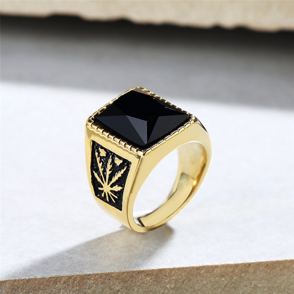 Planderful Personalized Retro Maple Zircon Titanium Steel Ring Unisex Durable Statement