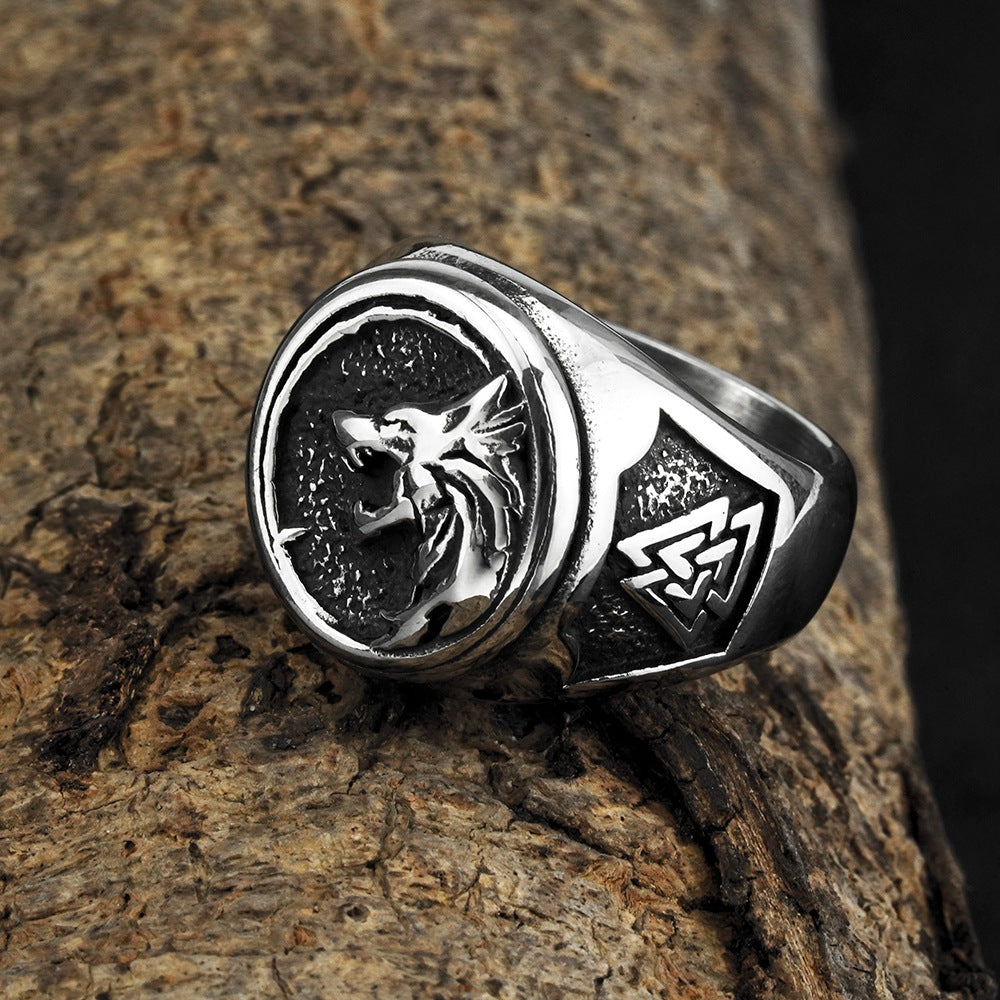 European and American Jewelry Wholesale Men's Titanium Steel Ring Retro Viking Wolf Head Logo Ring