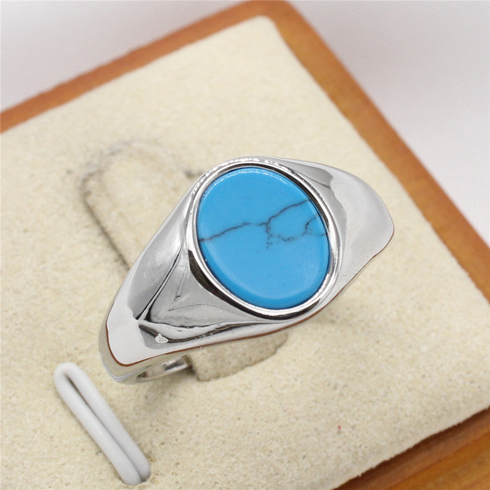 Oval Stone Titanium Steel Ring Unisex Protection Statement Planderful Everyday Genie