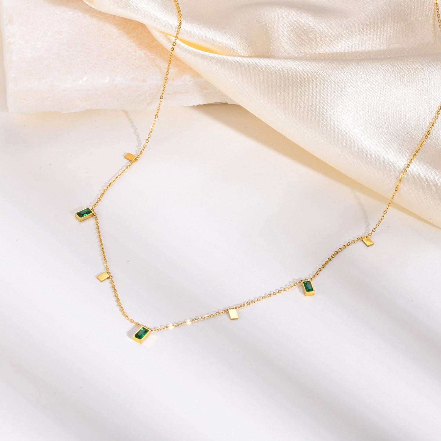 Stainless Steel Green Zircon Rectangular Necklace Gold Female