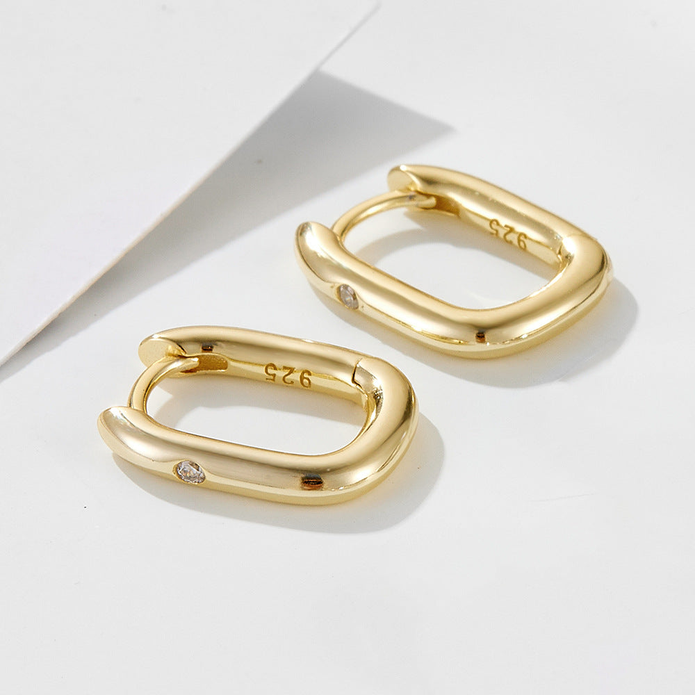 Cold Wind Retro Geometric Smooth Surface Oval U-Shaped Sterling Silver Earrings Versatile Zircon