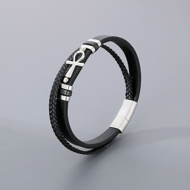 Planderful Leather Magnetic Buckle Handwoven Mens Bracelet