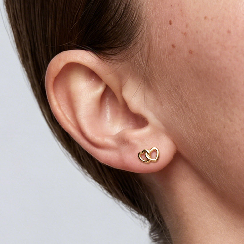S925 Sterling Silver Small Fresh Love Design Stud Earrings Exquisite Heart-To-Heart Print Sweet