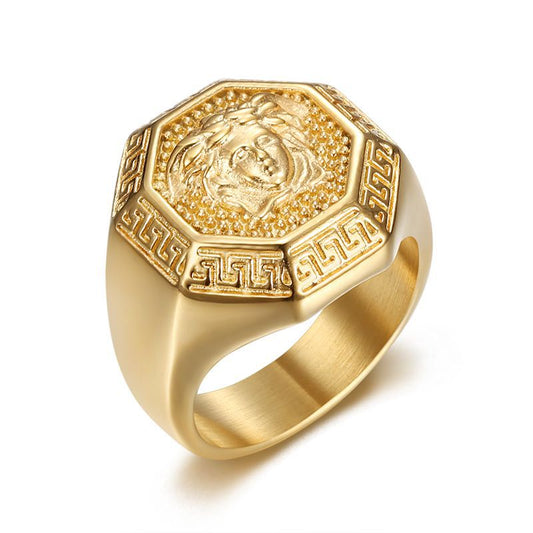 Planderful Hip Hop Ring Titanium Steel Gold Plated Premium Octagonal Head For Men Everyday Genie