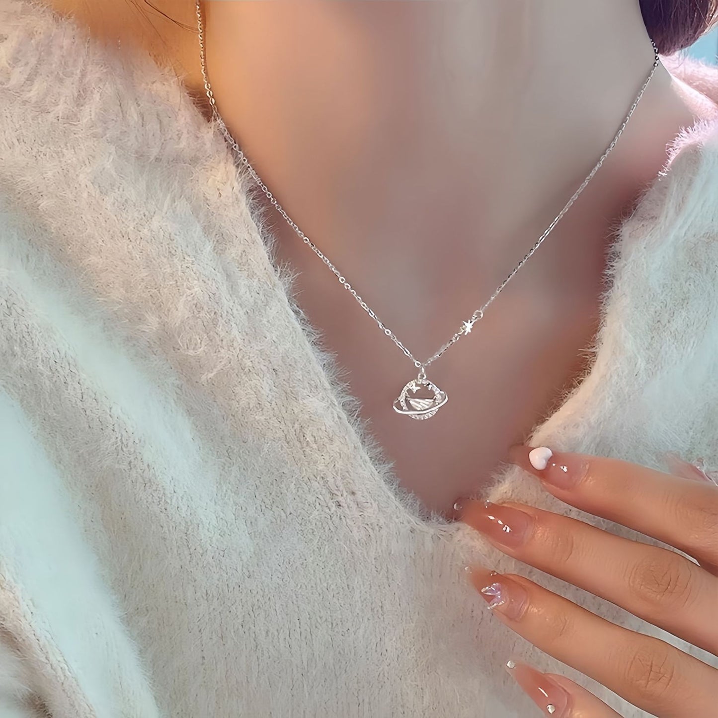 Planderful Sterling Silver Galaxy Necklace For Women Elegant Light Luxury Collarbone Chain Valentines Day Gift