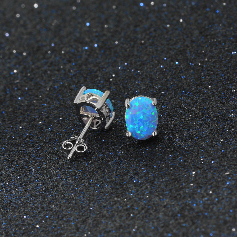 Planderful Jewelry S925 Silver Opal Stud Earrings Four Claw Oval Blue Opal Elegant Everyday Genie