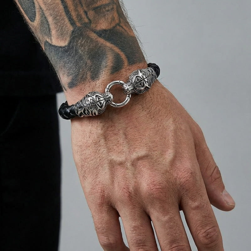 Antique Zodiac Leather Rope Bracelet – Leader Tiger Head Anchor Titanium Steel Men's Leather