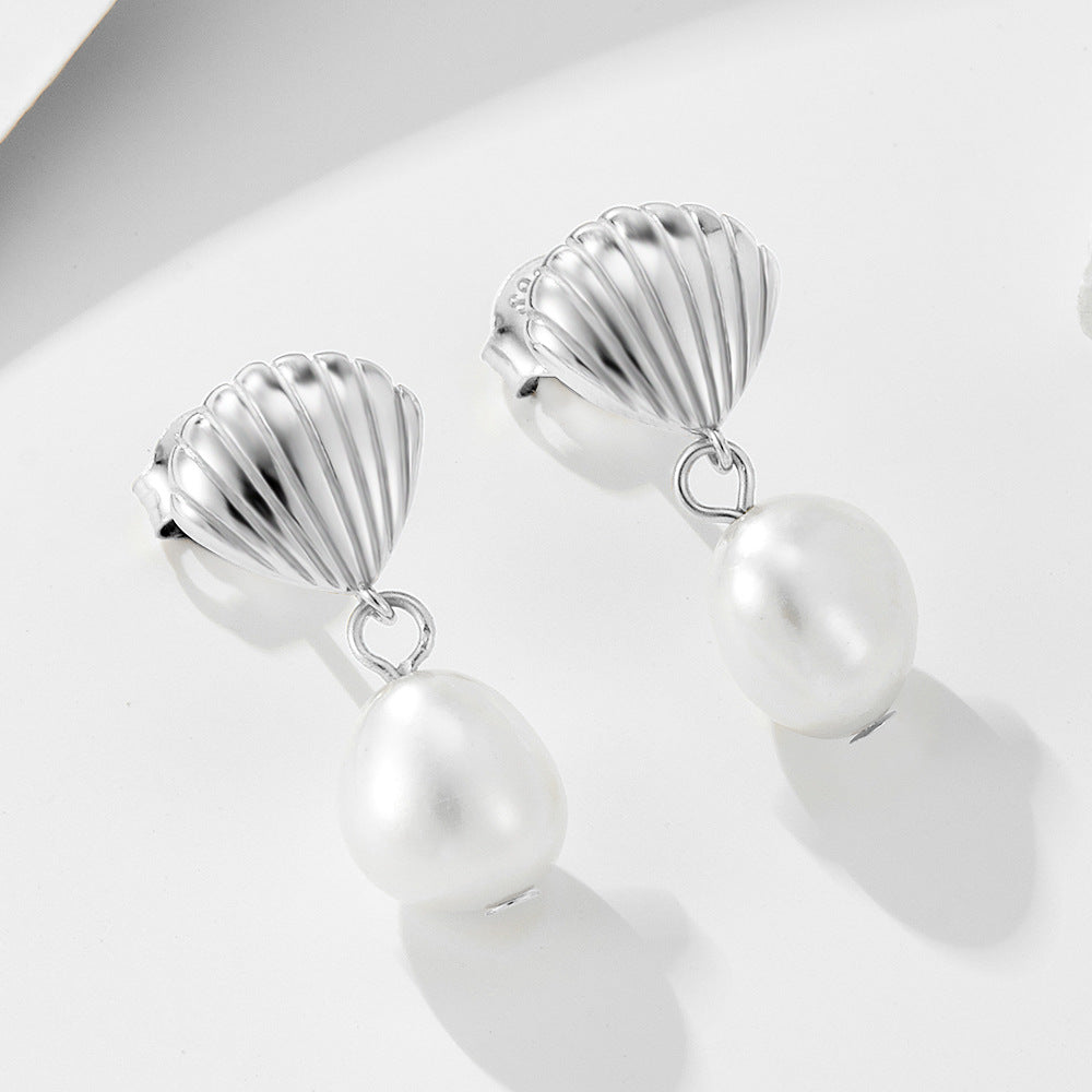 S925 Sterling Silver Shell Natural Irregular Freshwater Pearl Stud Earrings